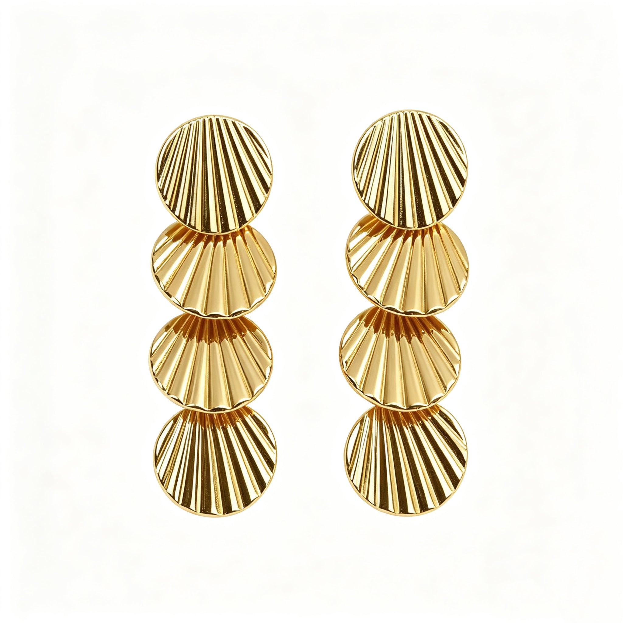 Gold Plated Four-Tier Striped Shell Long Drop Earrings, Vintage Fan Texture Sequins Dangle Statement Earrings, Elegant Metal Jewelry for Women Daily & Party