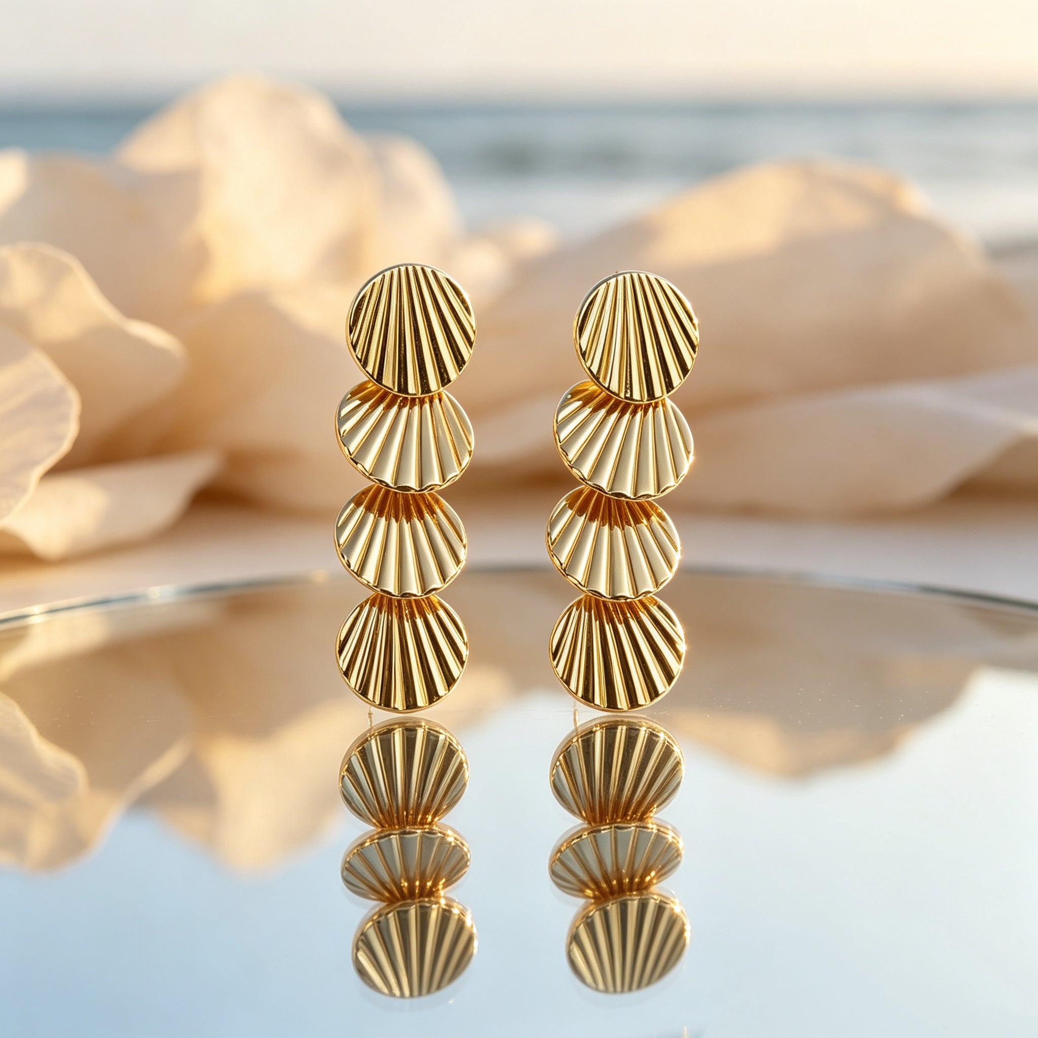 Gold Plated Four-Tier Striped Shell Long Drop Earrings, Vintage Fan Texture Sequins Dangle Statement Earrings, Elegant Metal Jewelry for Women Daily & Party