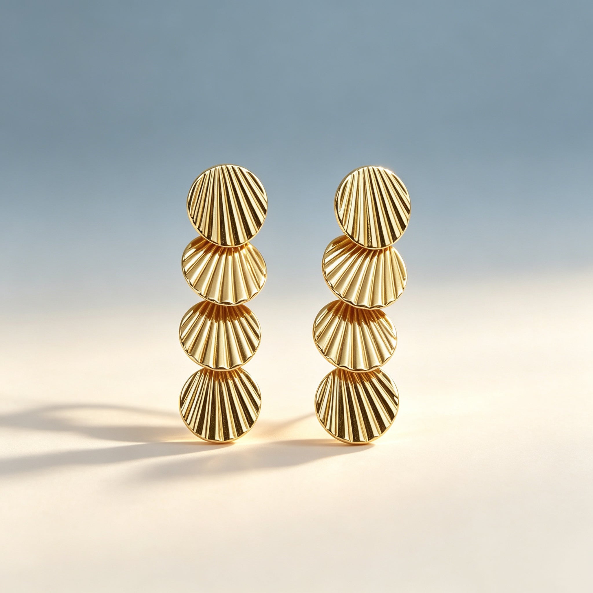 Gold Plated Four-Tier Striped Shell Long Drop Earrings, Vintage Fan Texture Sequins Dangle Statement Earrings, Elegant Metal Jewelry for Women Daily & Party