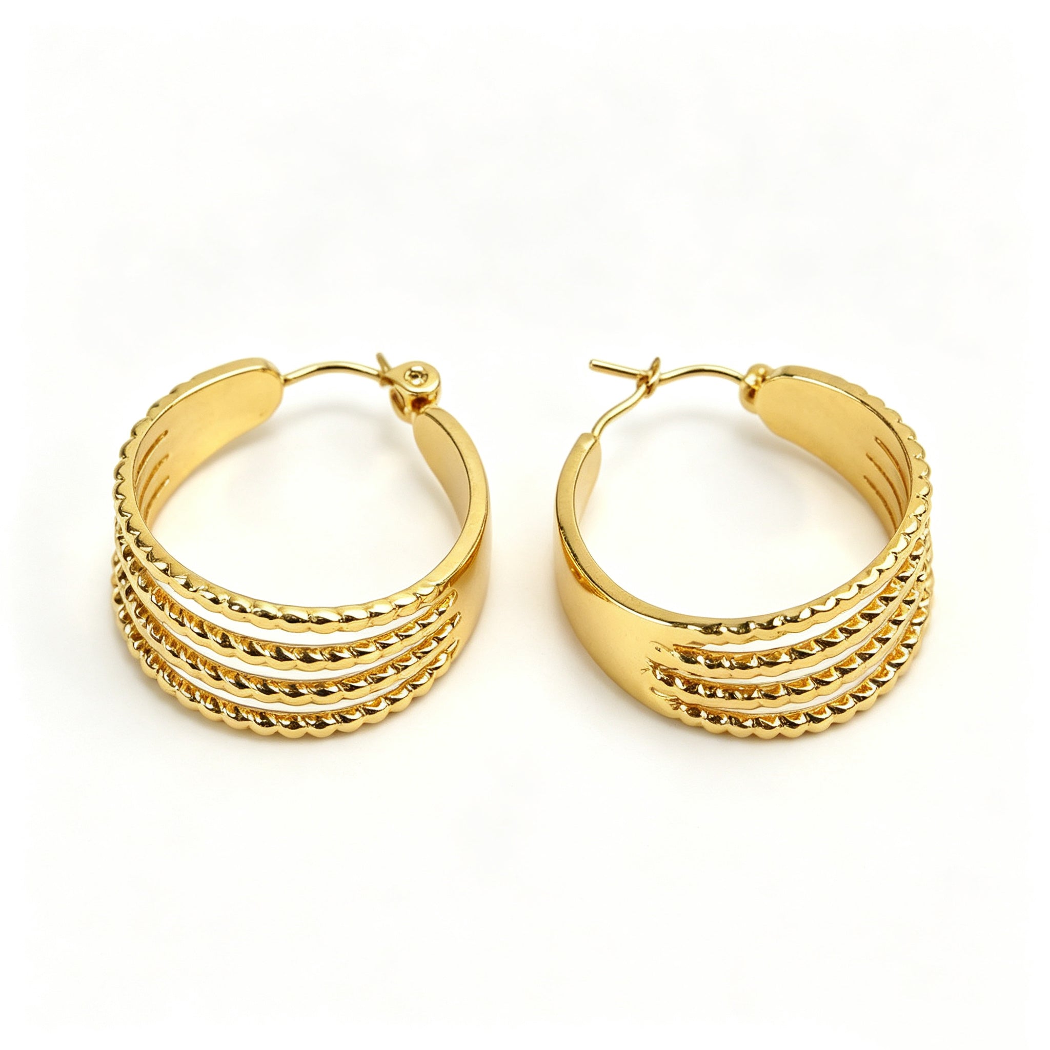 EYDT 5 Layer Parallel Striped Open C Hoop Earrings, 18K Gold Plated Waterproof Hypoallergenic Stainless Steel Textured Metal Jewelry Gift For Dating Street Daily Outfits
