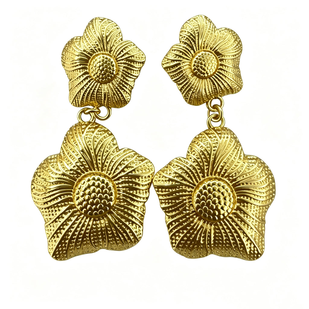 Gold Plated Double Vintage Floral Drop Earrings, Embossed Vein Textured Two-Tier Flower Dangle Statement Earrings, Retro Botanical Metal Jewelry for Women Party Daily Wear