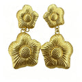 Gold Plated Double Vintage Floral Drop Earrings, Embossed Vein Textured Two-Tier Flower Dangle Statement Earrings, Retro Botanical Metal Jewelry for Women Party Daily Wear