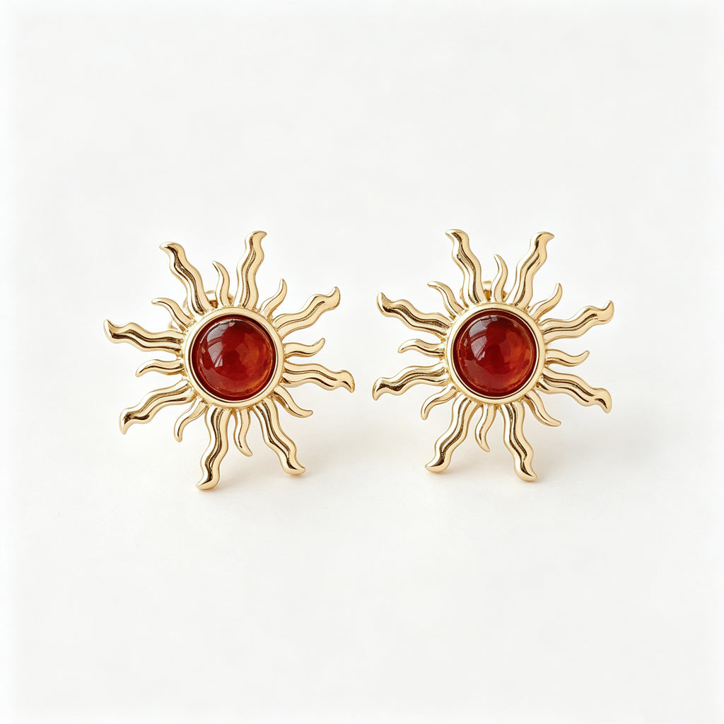 EYDT Retro Sun Shape Red Round Crystal Stud Earrings, 18K Gold Plated Waterproof Hypoallergenic Stainless Steel Sparkly Red Gem Starburst Jewelry Gift For Wedding Date Daily Outfit