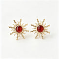 EYDT Retro Sun Shape Red Round Crystal Stud Earrings, 18K Gold Plated Waterproof Hypoallergenic Stainless Steel Sparkly Red Gem Starburst Jewelry Gift For Wedding Date Daily Outfit