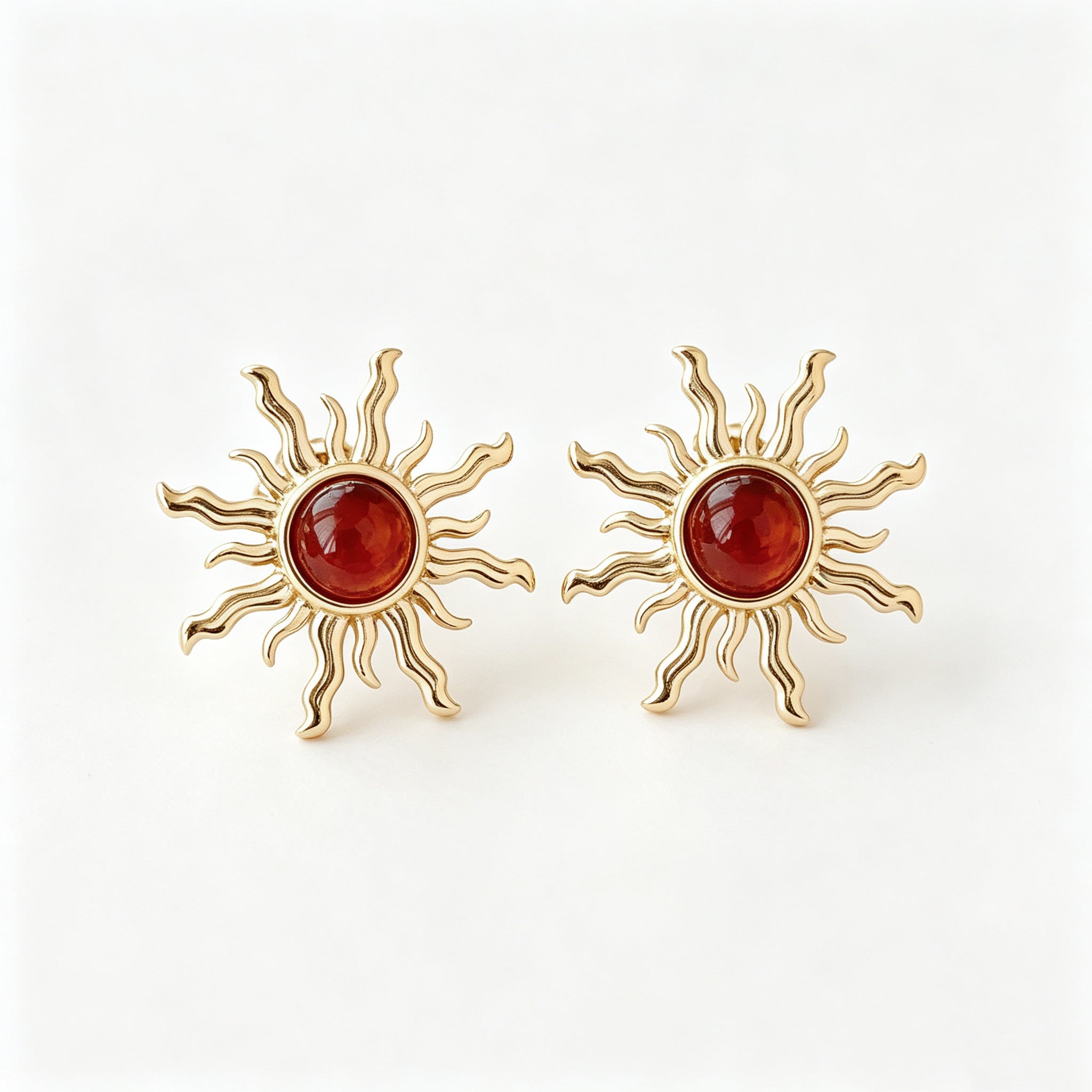 EYDT Retro Sun Shape Red Round Crystal Stud Earrings, 18K Gold Plated Waterproof Hypoallergenic Stainless Steel Sparkly Red Gem Starburst Jewelry Gift For Wedding Date Daily Outfit