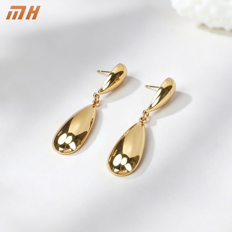 EYDT Two-Tier Polished Teardrop Drop Earrings 18K Gold Waterproof Stainless Steel Minimalist Dangle Earrings For Women Daily Wear