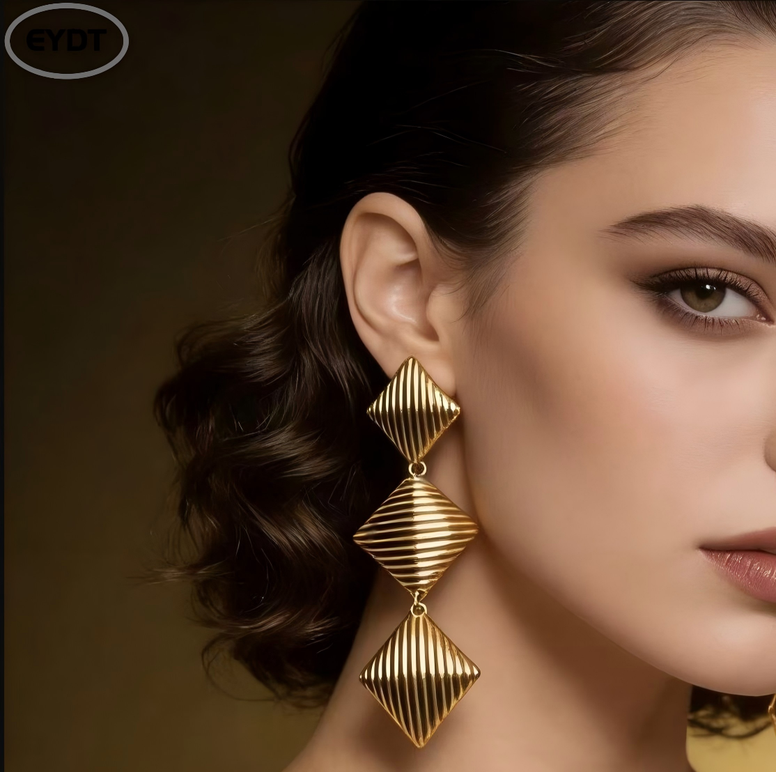 Gold Plated Triple Rhombus Striped Drop Earrings, Vintage Textured Long Dangle Statement Earrings, Elegant Retro Metal Earrings for Women Party Daily Outfit