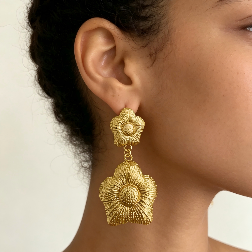 Gold Plated Double Vintage Floral Drop Earrings, Embossed Vein Textured Two-Tier Flower Dangle Statement Earrings, Retro Botanical Metal Jewelry for Women Party Daily Wear