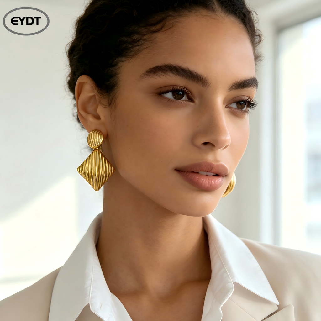 Gold Plated Two-Tier Textured Circle & Rhombus Drop Earrings, Vertical Striped Retro Geometric Dangle Statement Earrings, Stainless Steel Bold Metal Earrings for Women Office & Party