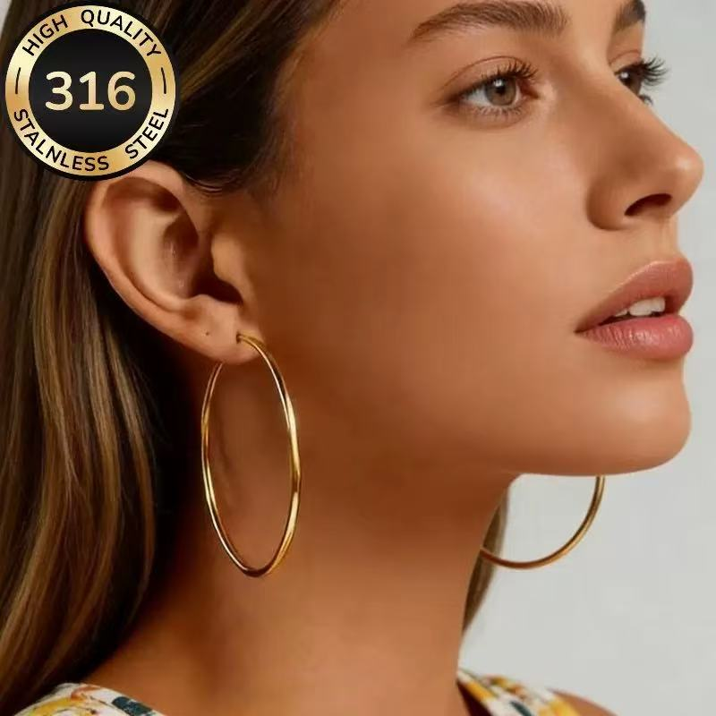 Pendientes de aro grandes delgados chapados en oro, pendientes de aro grandes de acero inoxidable hipoalergénico 316L para mujer, joyería de moda diaria