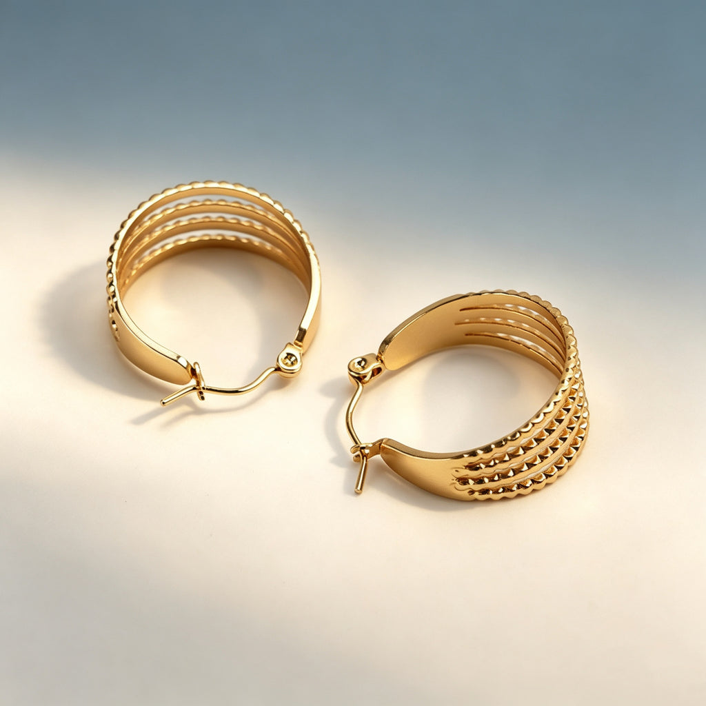 EYDT 5 Layer Parallel Striped Open C Hoop Earrings, 18K Gold Plated Waterproof Hypoallergenic Stainless Steel Textured Metal Jewelry Gift For Dating Street Daily Outfits
