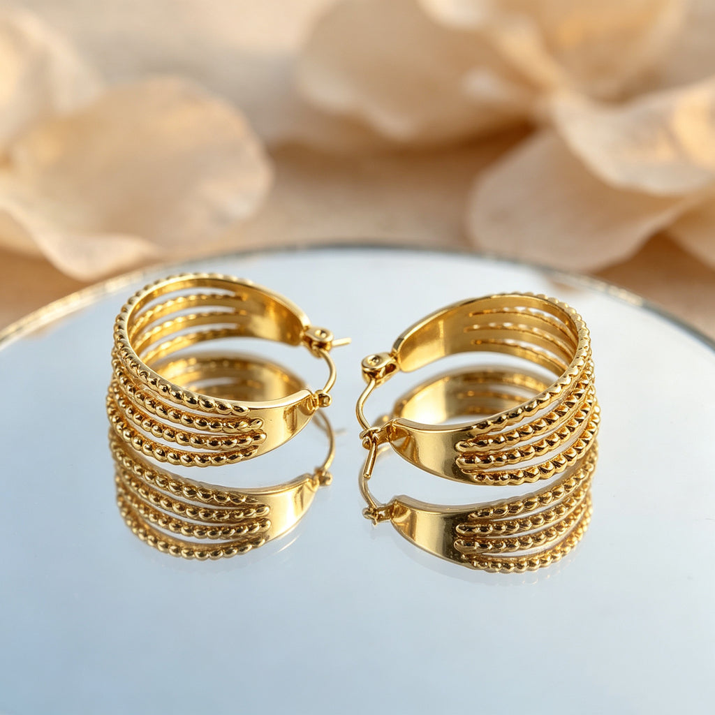EYDT 5 Layer Parallel Striped Open C Hoop Earrings, 18K Gold Plated Waterproof Hypoallergenic Stainless Steel Textured Metal Jewelry Gift For Dating Street Daily Outfits