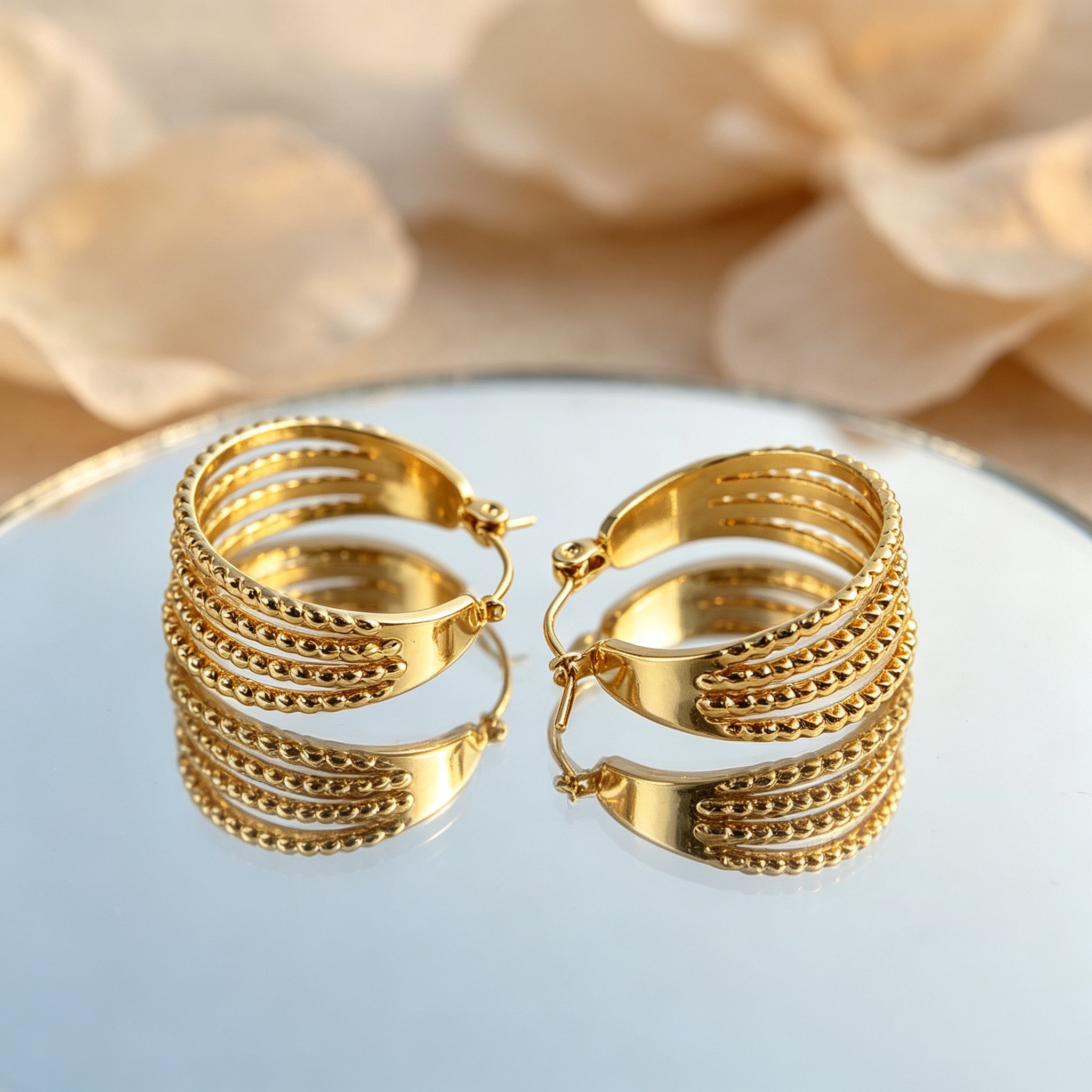 EYDT 5 Layer Parallel Striped Open C Hoop Earrings, 18K Gold Plated Waterproof Hypoallergenic Stainless Steel Textured Metal Jewelry Gift For Dating Street Daily Outfits
