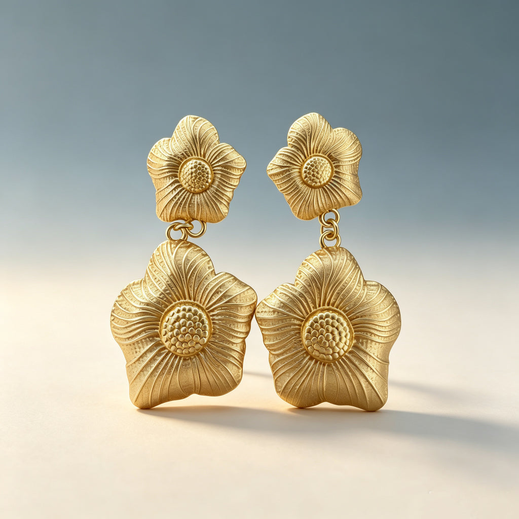 Gold Plated Double Vintage Floral Drop Earrings, Embossed Vein Textured Two-Tier Flower Dangle Statement Earrings, Retro Botanical Metal Jewelry for Women Party Daily Wear