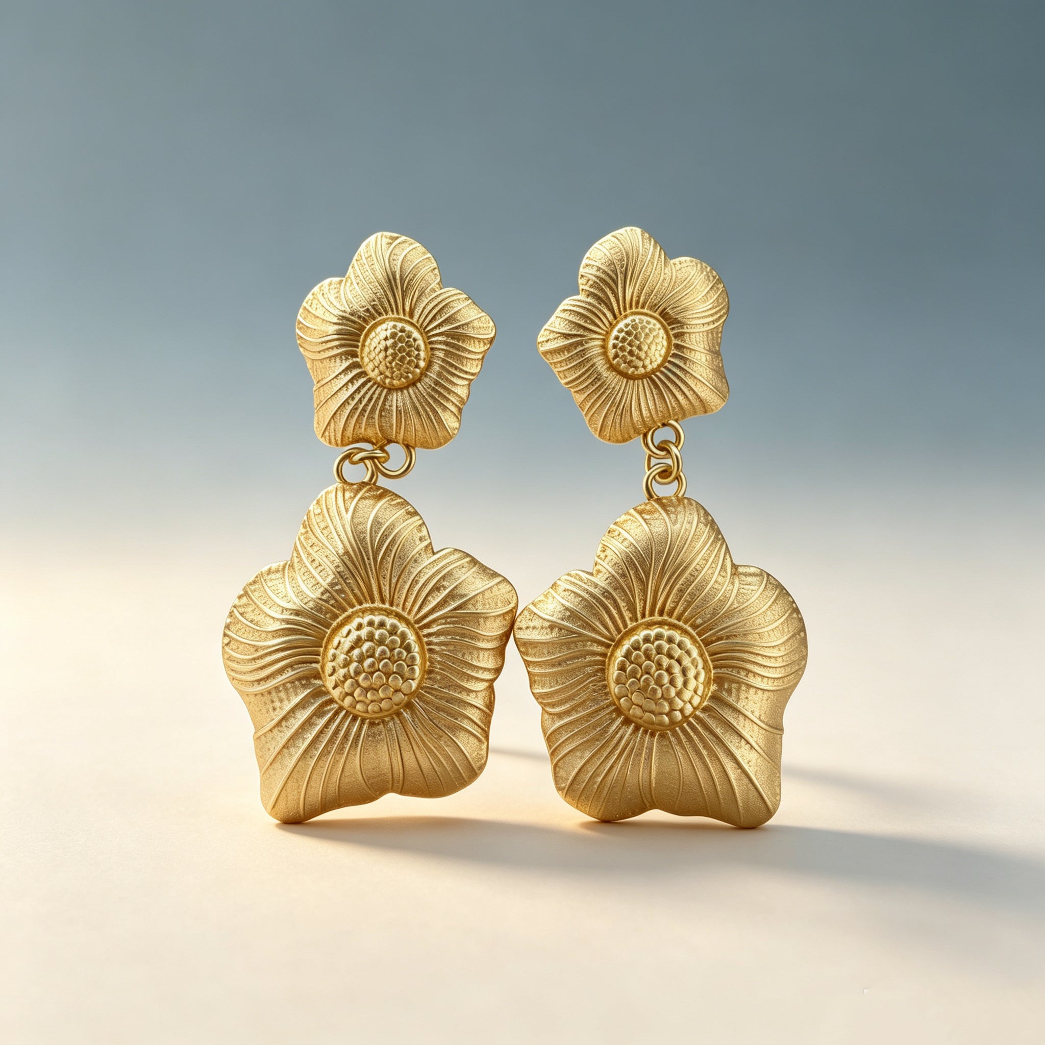 Gold Plated Double Vintage Floral Drop Earrings, Embossed Vein Textured Two-Tier Flower Dangle Statement Earrings, Retro Botanical Metal Jewelry for Women Party Daily Wear