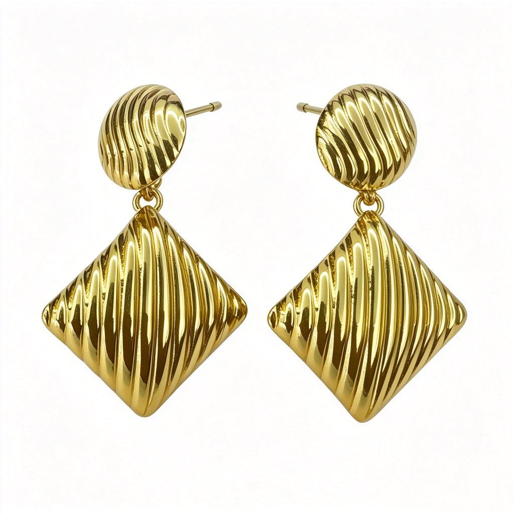 Gold Plated Two-Tier Textured Circle & Rhombus Drop Earrings, Vertical Striped Retro Geometric Dangle Statement Earrings, Stainless Steel Bold Metal Earrings for Women Office & Party