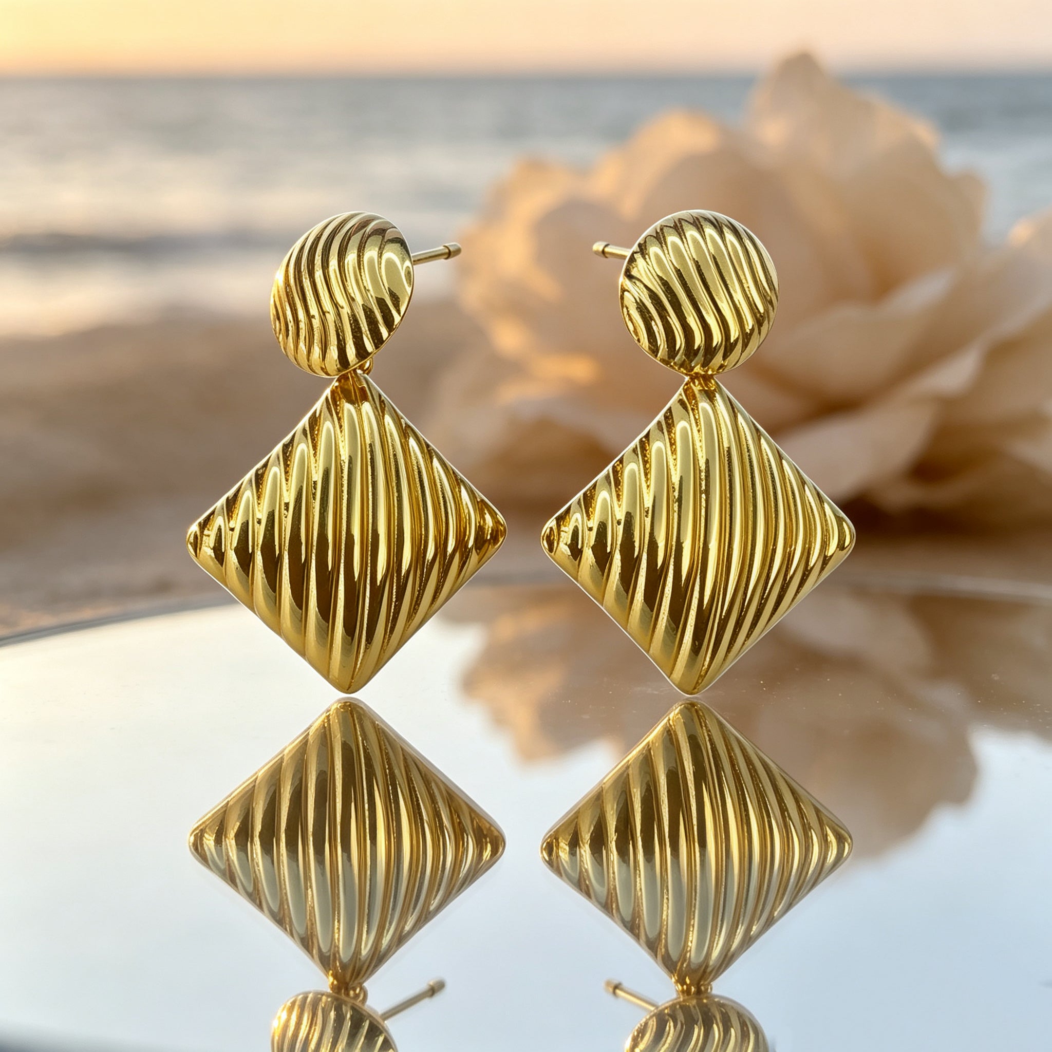 Gold Plated Two-Tier Textured Circle & Rhombus Drop Earrings, Vertical Striped Retro Geometric Dangle Statement Earrings, Stainless Steel Bold Metal Earrings for Women Office & Party