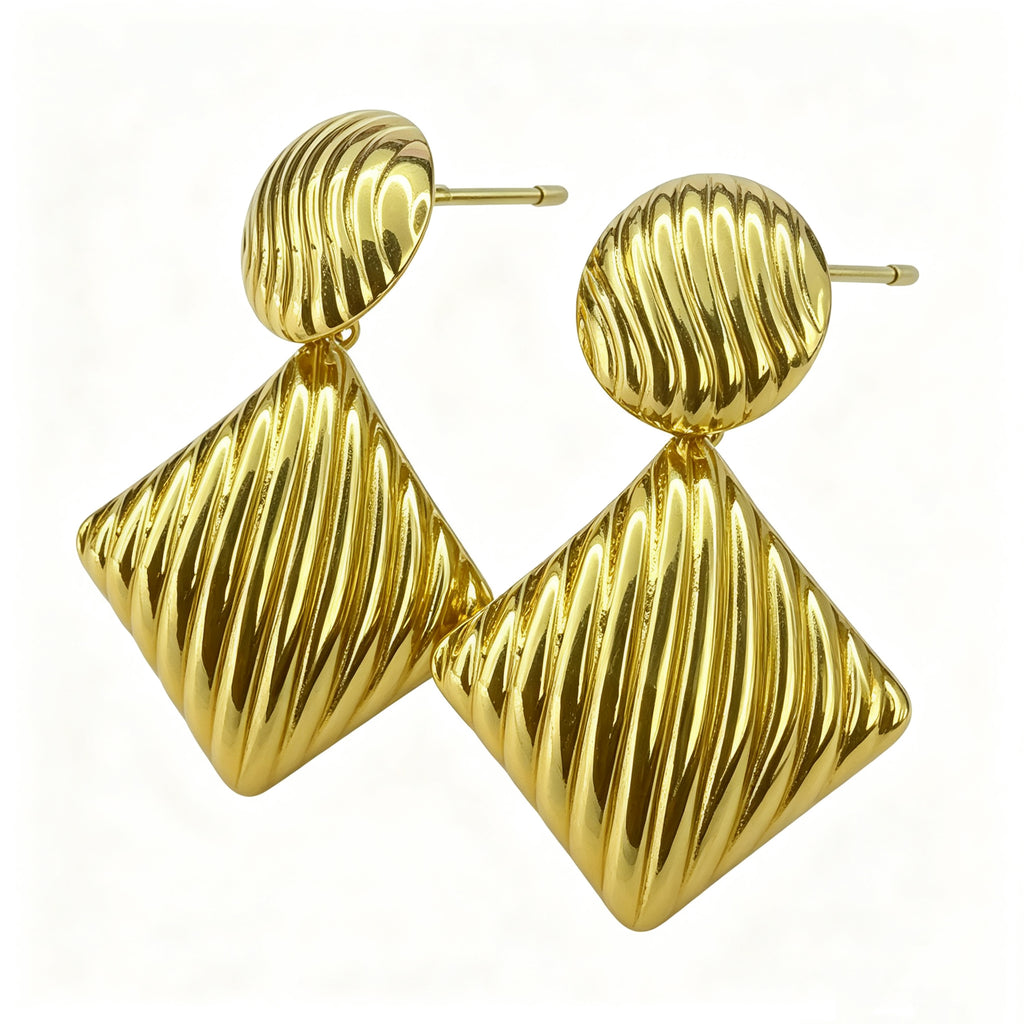 Gold Plated Two-Tier Textured Circle & Rhombus Drop Earrings, Vertical Striped Retro Geometric Dangle Statement Earrings, Stainless Steel Bold Metal Earrings for Women Office & Party