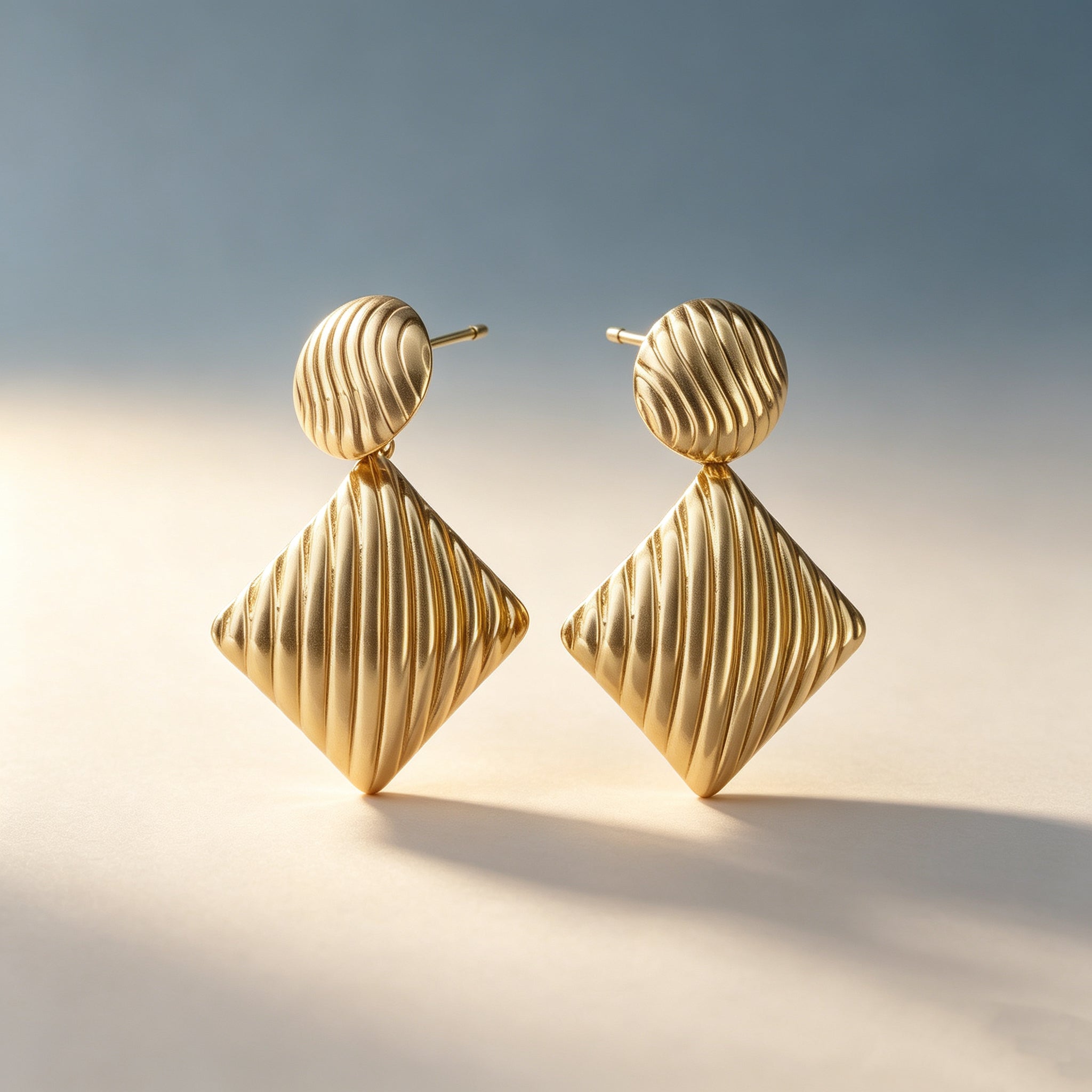 Gold Plated Two-Tier Textured Circle & Rhombus Drop Earrings, Vertical Striped Retro Geometric Dangle Statement Earrings, Stainless Steel Bold Metal Earrings for Women Office & Party