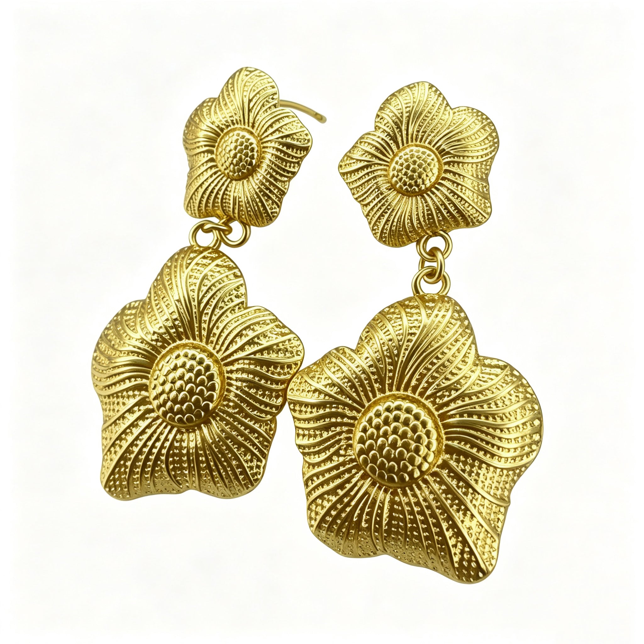 Gold Plated Double Vintage Floral Drop Earrings, Embossed Vein Textured Two-Tier Flower Dangle Statement Earrings, Retro Botanical Metal Jewelry for Women Party Daily Wear