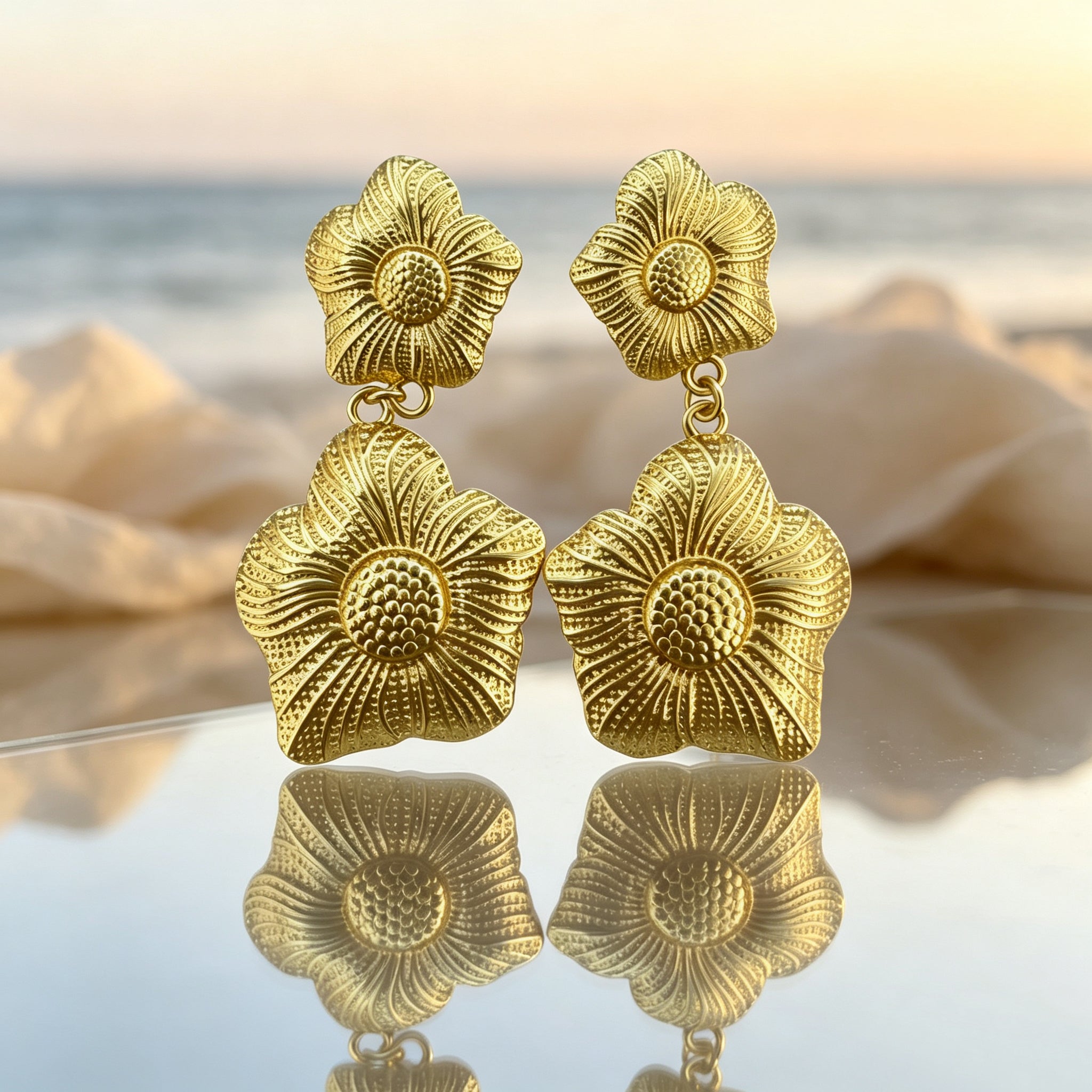 Gold Plated Double Vintage Floral Drop Earrings, Embossed Vein Textured Two-Tier Flower Dangle Statement Earrings, Retro Botanical Metal Jewelry for Women Party Daily Wear