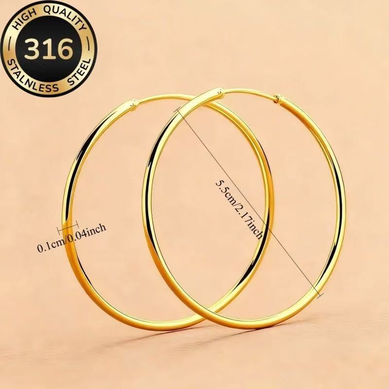 Pendientes de aro grandes delgados chapados en oro, pendientes de aro grandes de acero inoxidable hipoalergénico 316L para mujer, joyería de moda diaria