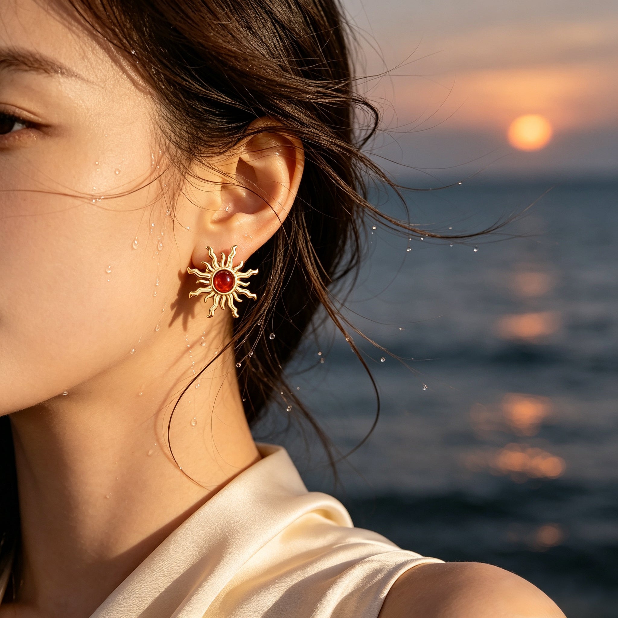 EYDT Retro Sun Shape Red Round Crystal Stud Earrings, 18K Gold Plated Waterproof Hypoallergenic Stainless Steel Sparkly Red Gem Starburst Jewelry Gift For Wedding Date Daily Outfit