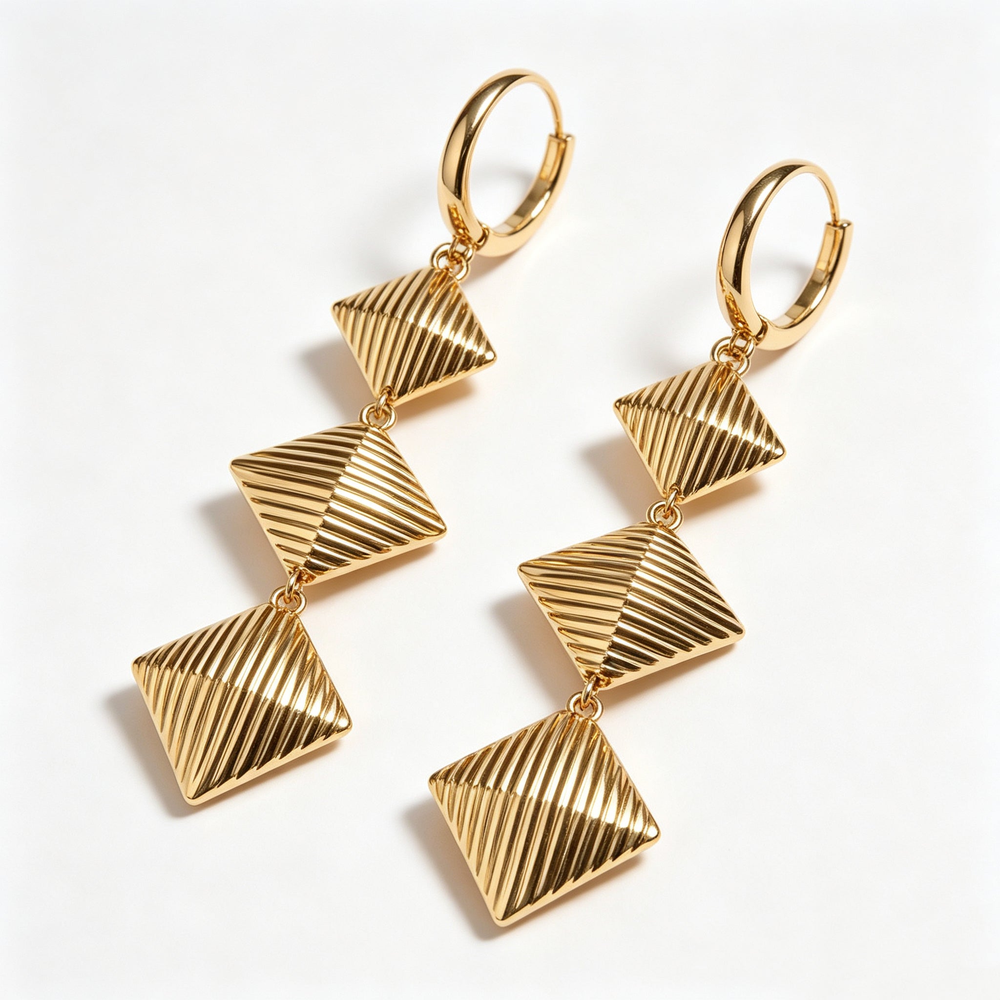Gold Plated Triple Rhombus Striped Drop Earrings, Vintage Textured Long Dangle Statement Earrings, Elegant Retro Metal Earrings for Women Party Daily Outfit