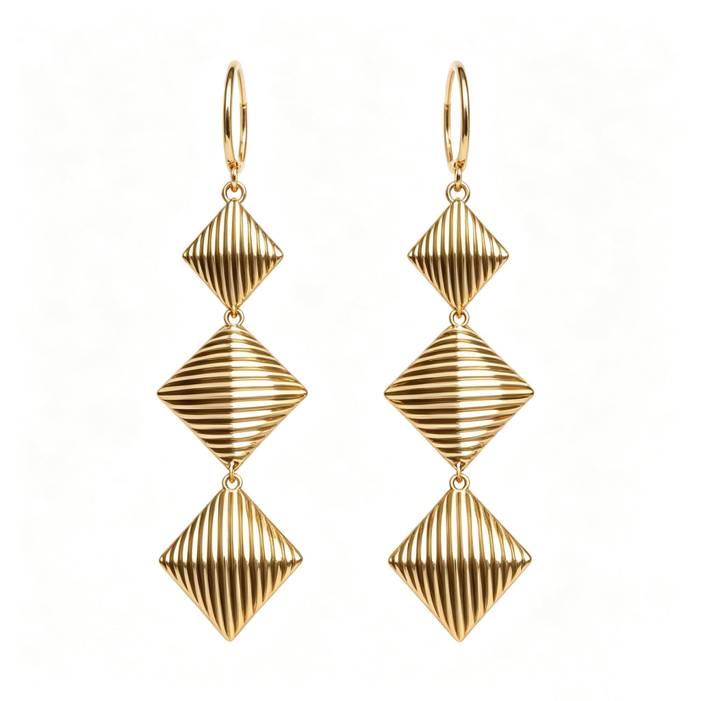 Gold Plated Triple Rhombus Striped Drop Earrings, Vintage Textured Long Dangle Statement Earrings, Elegant Retro Metal Earrings for Women Party Daily Outfit