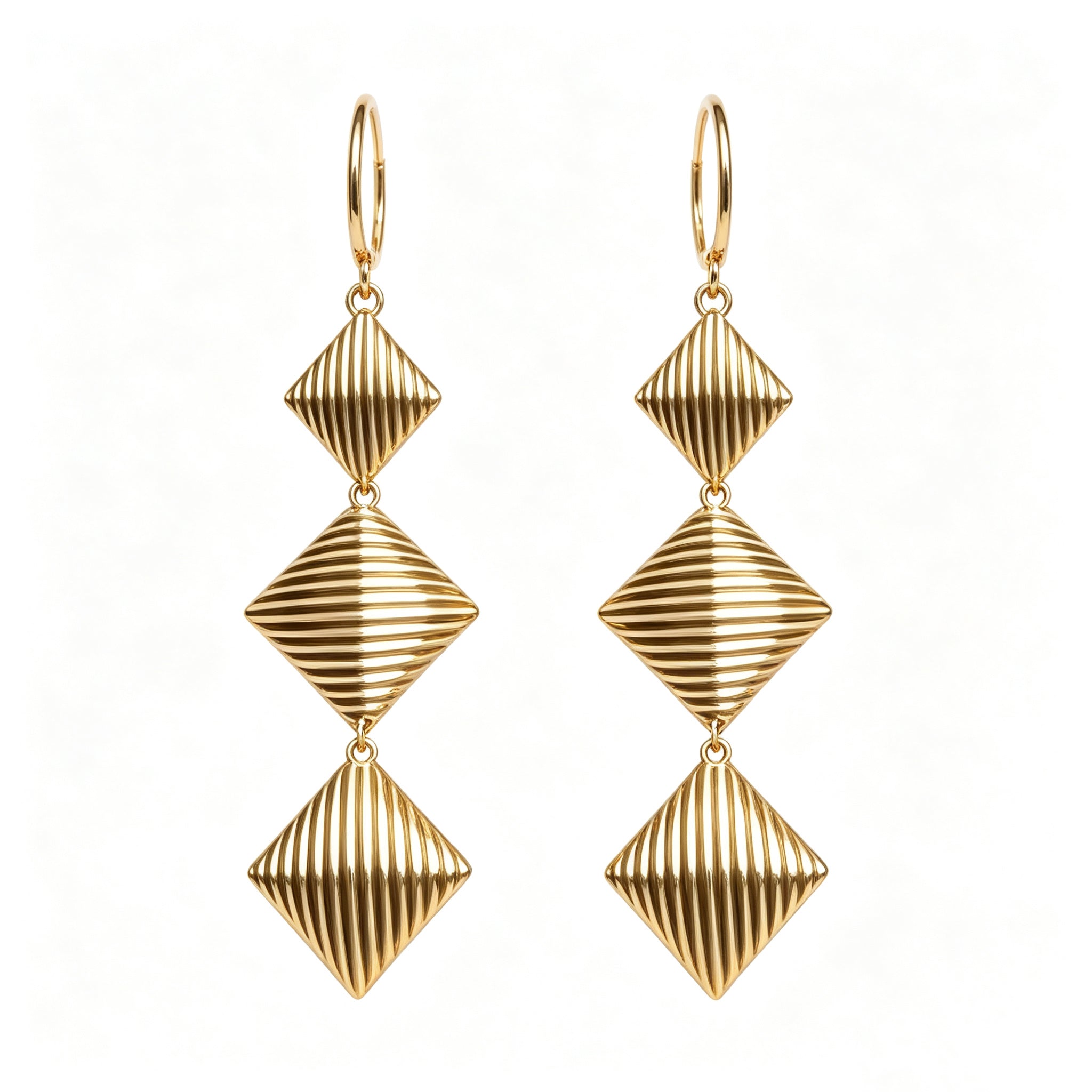Gold Plated Triple Rhombus Striped Drop Earrings, Vintage Textured Long Dangle Statement Earrings, Elegant Retro Metal Earrings for Women Party Daily Outfit