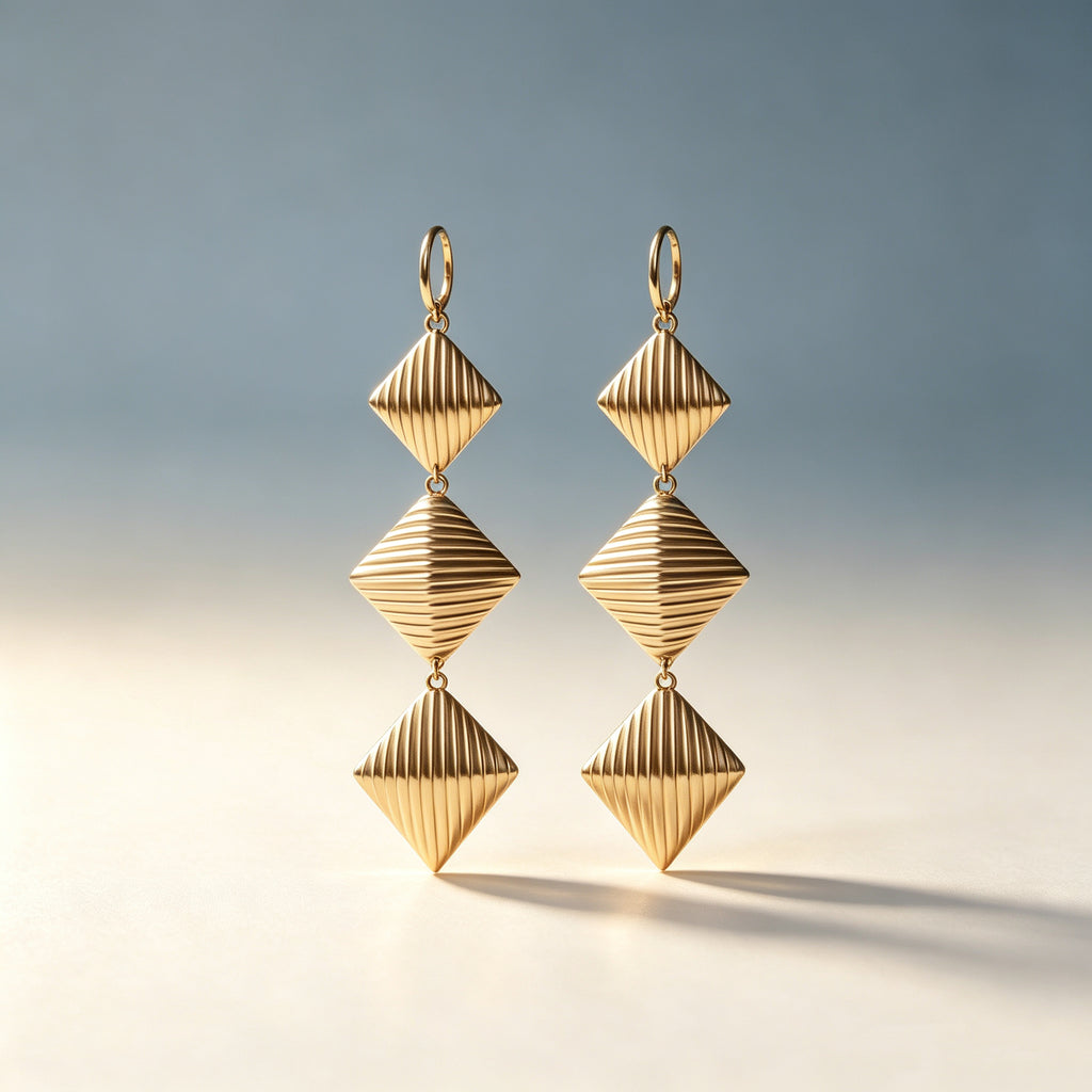 Gold Plated Triple Rhombus Striped Drop Earrings, Vintage Textured Long Dangle Statement Earrings, Elegant Retro Metal Earrings for Women Party Daily Outfit