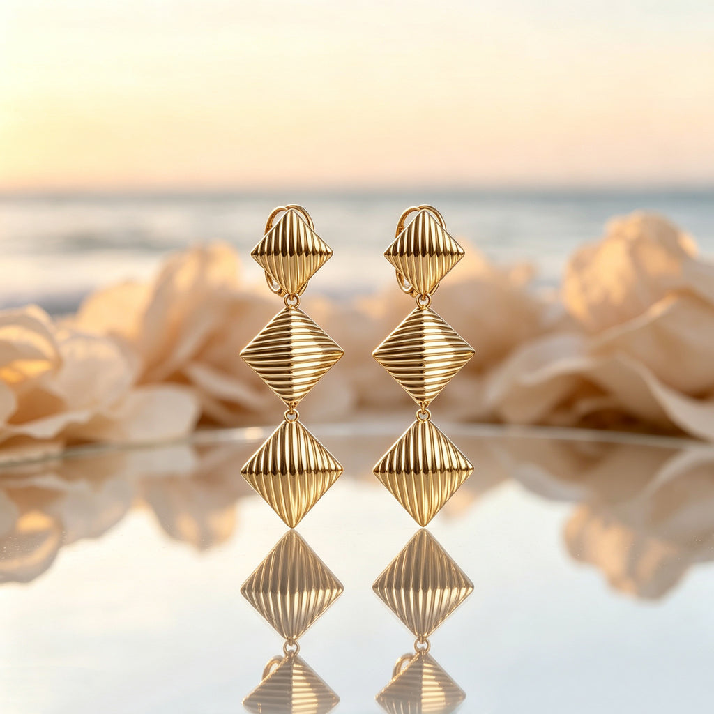 Gold Plated Triple Rhombus Striped Drop Earrings, Vintage Textured Long Dangle Statement Earrings, Elegant Retro Metal Earrings for Women Party Daily Outfit
