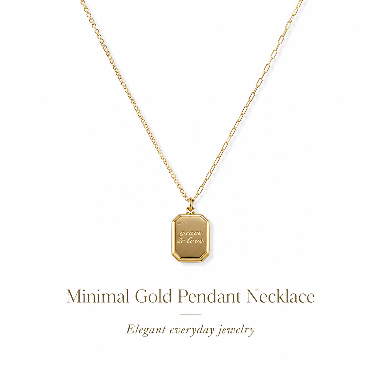 Dainty Gold Octagonal Tag Pendant Necklace, Engraved "Grace & Love" Square Dog Tag Necklace, Minimalist Layered Everyday Jewelry Gift for Women