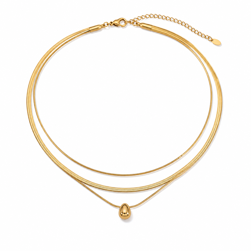 Gold Layered Herringbone Necklace for Women, 2-in-1 Double Chain Teardrop Pendant Necklace, Waterproof Hypoallergenic Stainless Steel Stackable Choker Jewelry