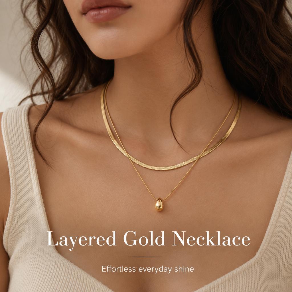 Gold Layered Herringbone Necklace for Women, 2-in-1 Double Chain Teardrop Pendant Necklace, Waterproof Hypoallergenic Stainless Steel Stackable Choker Jewelry
