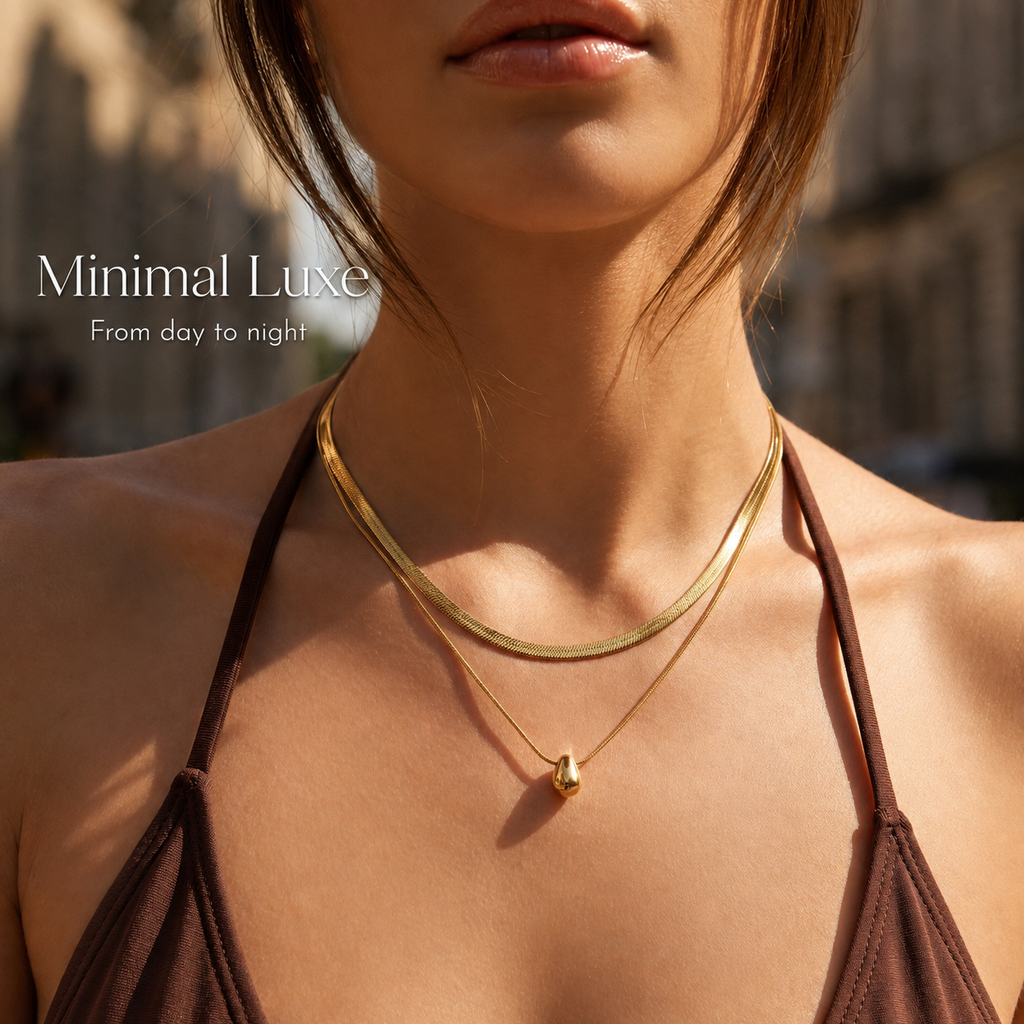 Gold Layered Herringbone Necklace for Women, 2-in-1 Double Chain Teardrop Pendant Necklace, Waterproof Hypoallergenic Stainless Steel Stackable Choker Jewelry