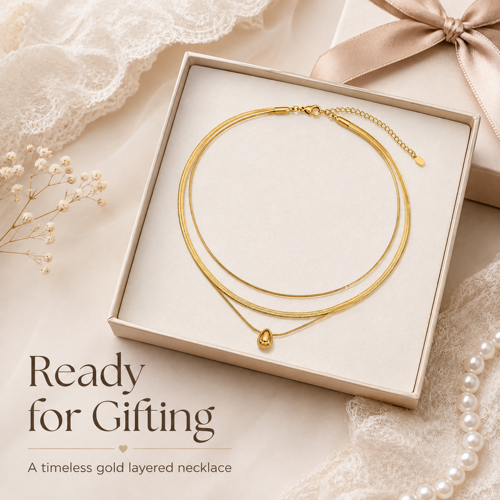 Gold Layered Herringbone Necklace for Women, 2-in-1 Double Chain Teardrop Pendant Necklace, Waterproof Hypoallergenic Stainless Steel Stackable Choker Jewelry