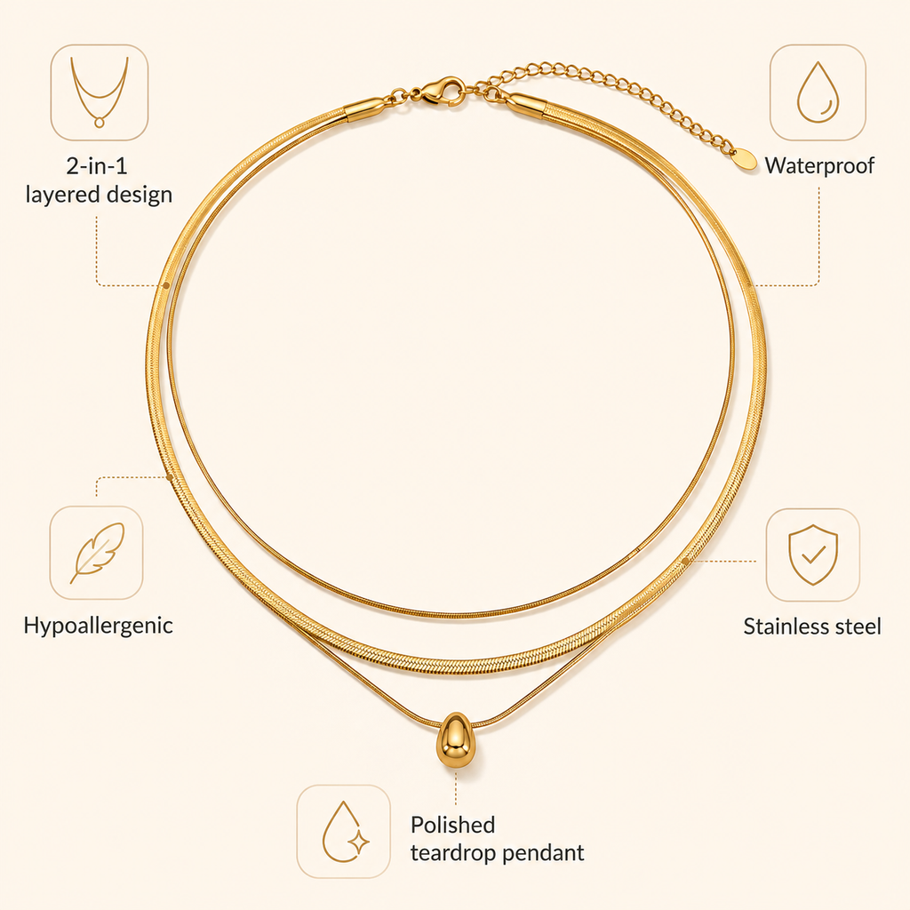 Gold Layered Herringbone Necklace for Women, 2-in-1 Double Chain Teardrop Pendant Necklace, Waterproof Hypoallergenic Stainless Steel Stackable Choker Jewelry