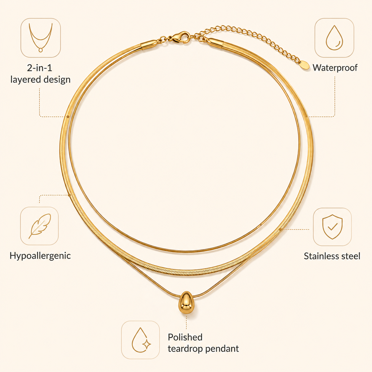 Gold Layered Herringbone Necklace for Women, 2-in-1 Double Chain Teardrop Pendant Necklace, Waterproof Hypoallergenic Stainless Steel Stackable Choker Jewelry