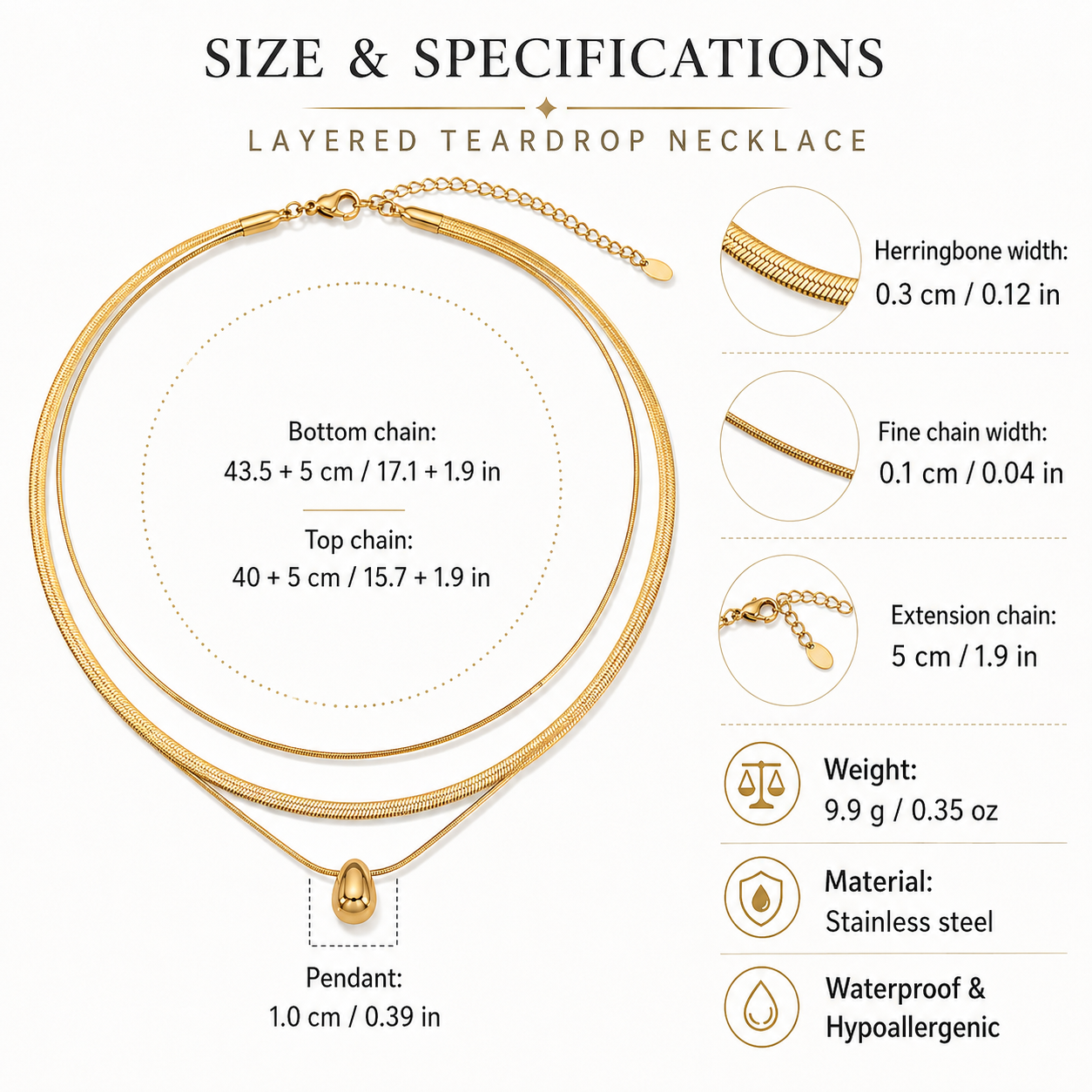 Gold Layered Herringbone Necklace for Women, 2-in-1 Double Chain Teardrop Pendant Necklace, Waterproof Hypoallergenic Stainless Steel Stackable Choker Jewelry