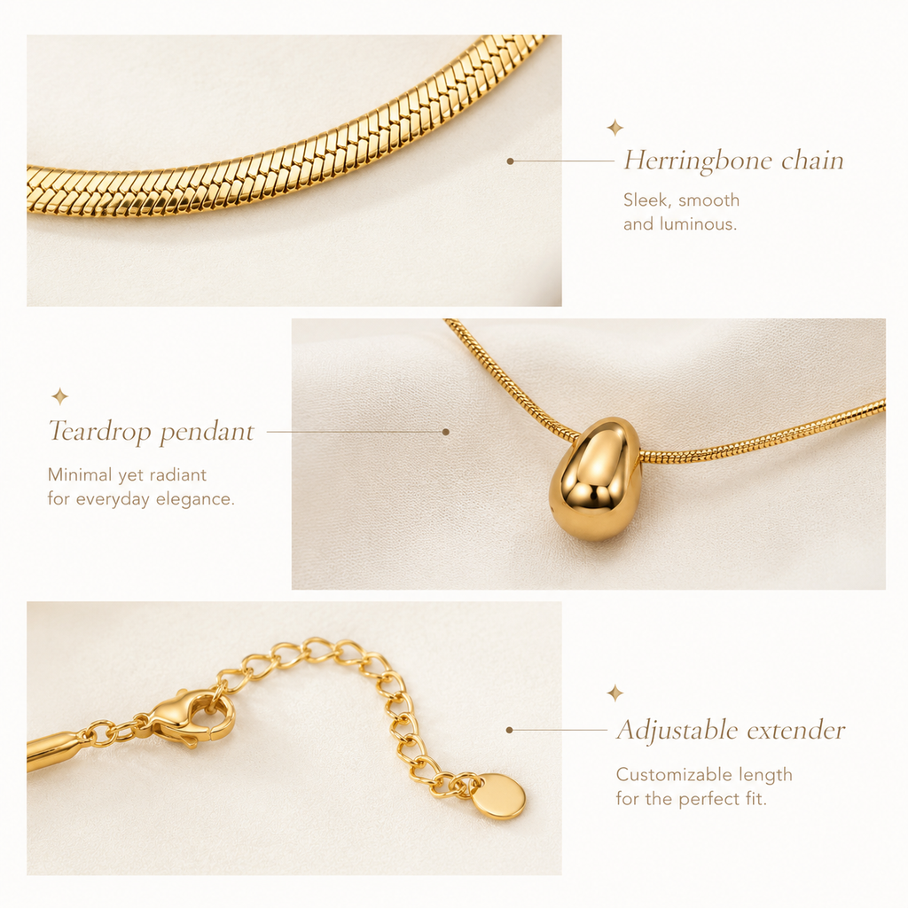 Gold Layered Herringbone Necklace for Women, 2-in-1 Double Chain Teardrop Pendant Necklace, Waterproof Hypoallergenic Stainless Steel Stackable Choker Jewelry