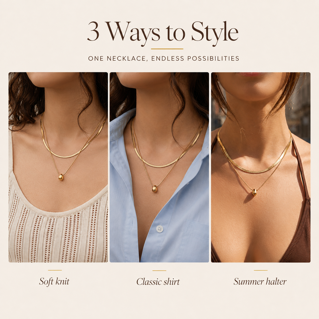 Gold Layered Herringbone Necklace for Women, 2-in-1 Double Chain Teardrop Pendant Necklace, Waterproof Hypoallergenic Stainless Steel Stackable Choker Jewelry