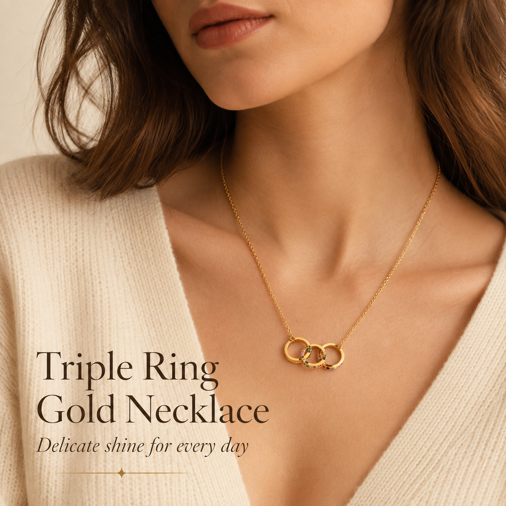 Gold Interlocking Triple Ring Necklace for Women, Three Linked Circles Pendant Necklace with Colorful Crystals, Dainty Adjustable Chain Jewelry Gift for Her