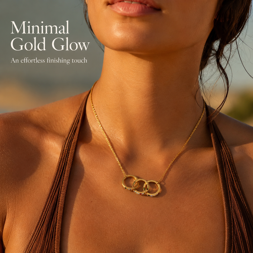 Gold Interlocking Triple Ring Necklace for Women, Three Linked Circles Pendant Necklace with Colorful Crystals, Dainty Adjustable Chain Jewelry Gift for Her