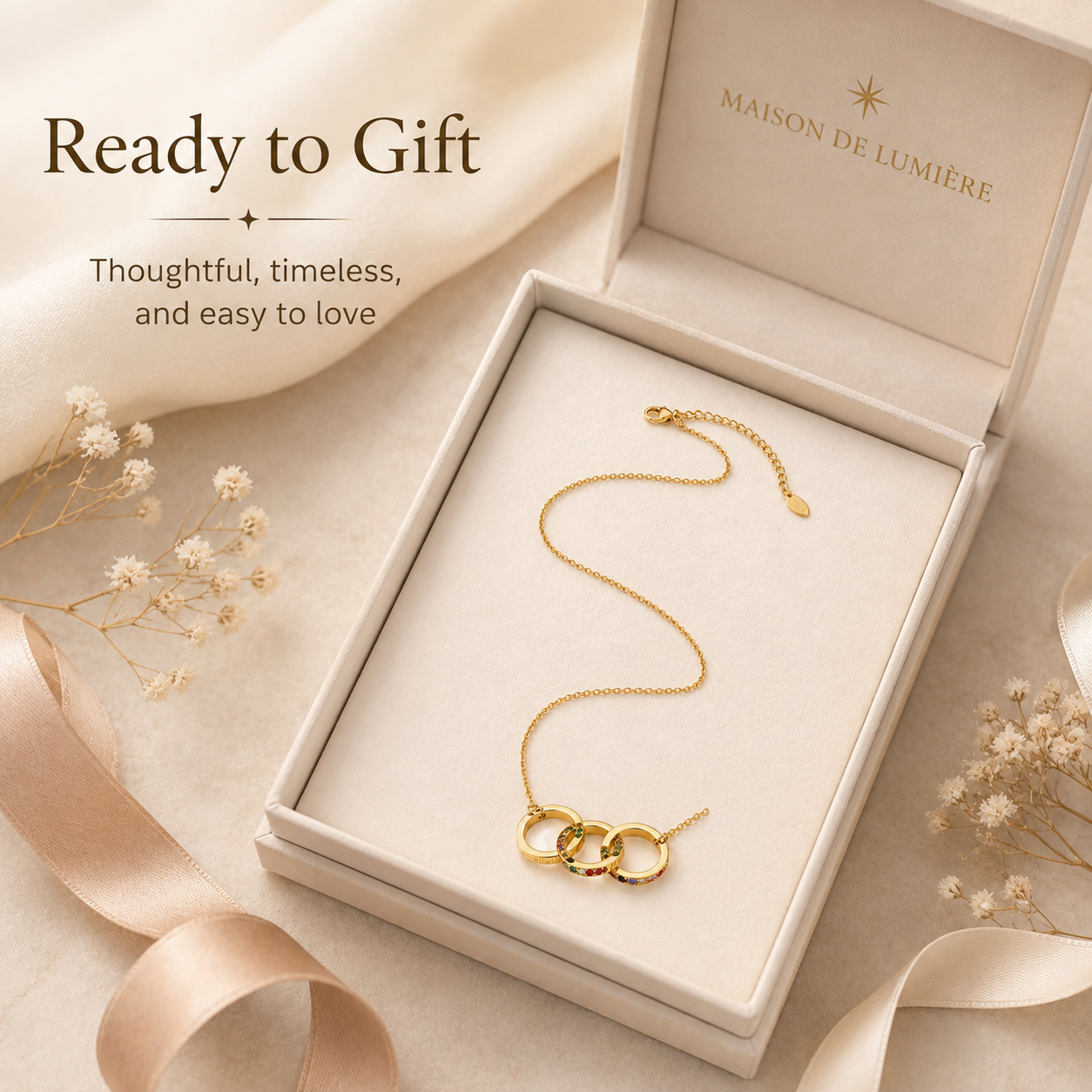 Gold Interlocking Triple Ring Necklace for Women, Three Linked Circles Pendant Necklace with Colorful Crystals, Dainty Adjustable Chain Jewelry Gift for Her