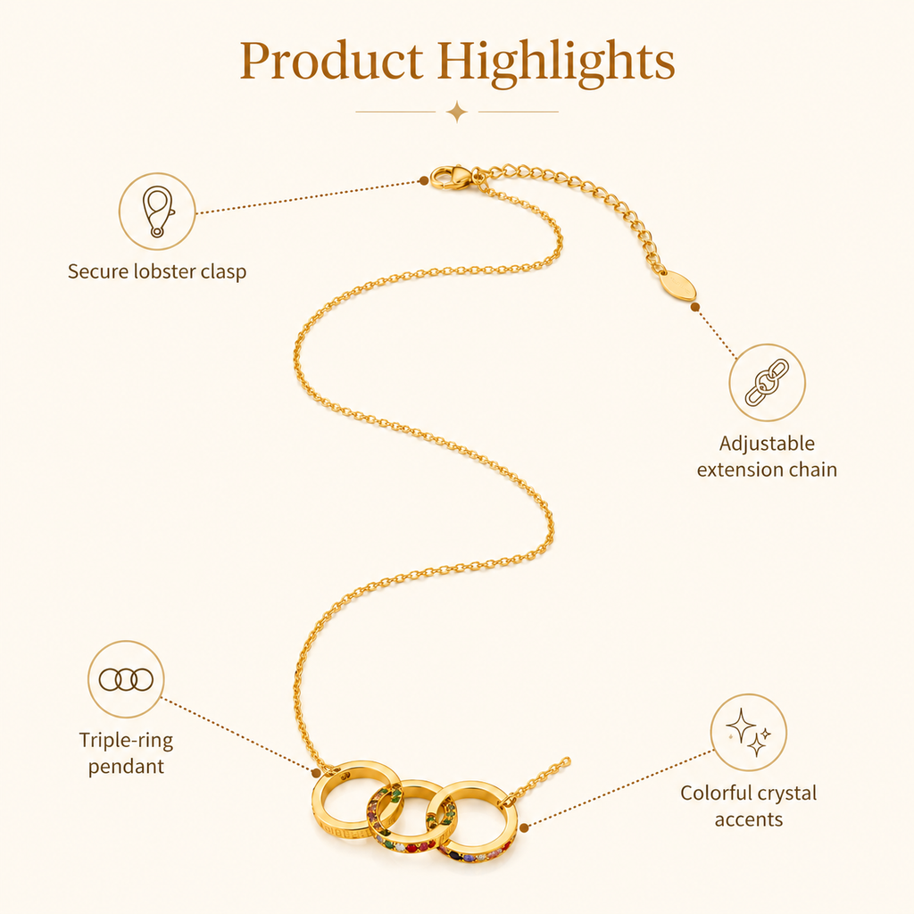 Gold Interlocking Triple Ring Necklace for Women, Three Linked Circles Pendant Necklace with Colorful Crystals, Dainty Adjustable Chain Jewelry Gift for Her