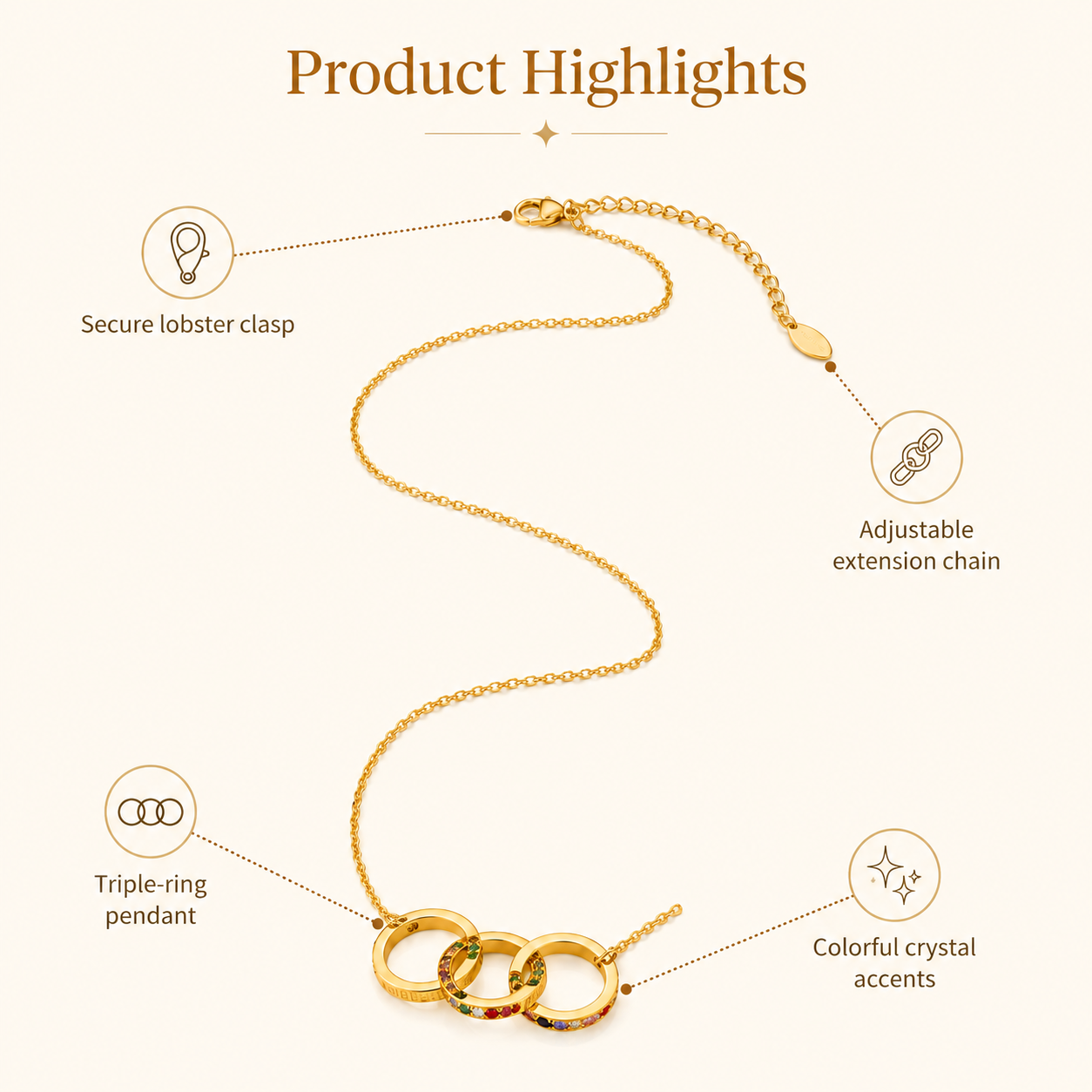 Gold Interlocking Triple Ring Necklace for Women, Three Linked Circles Pendant Necklace with Colorful Crystals, Dainty Adjustable Chain Jewelry Gift for Her