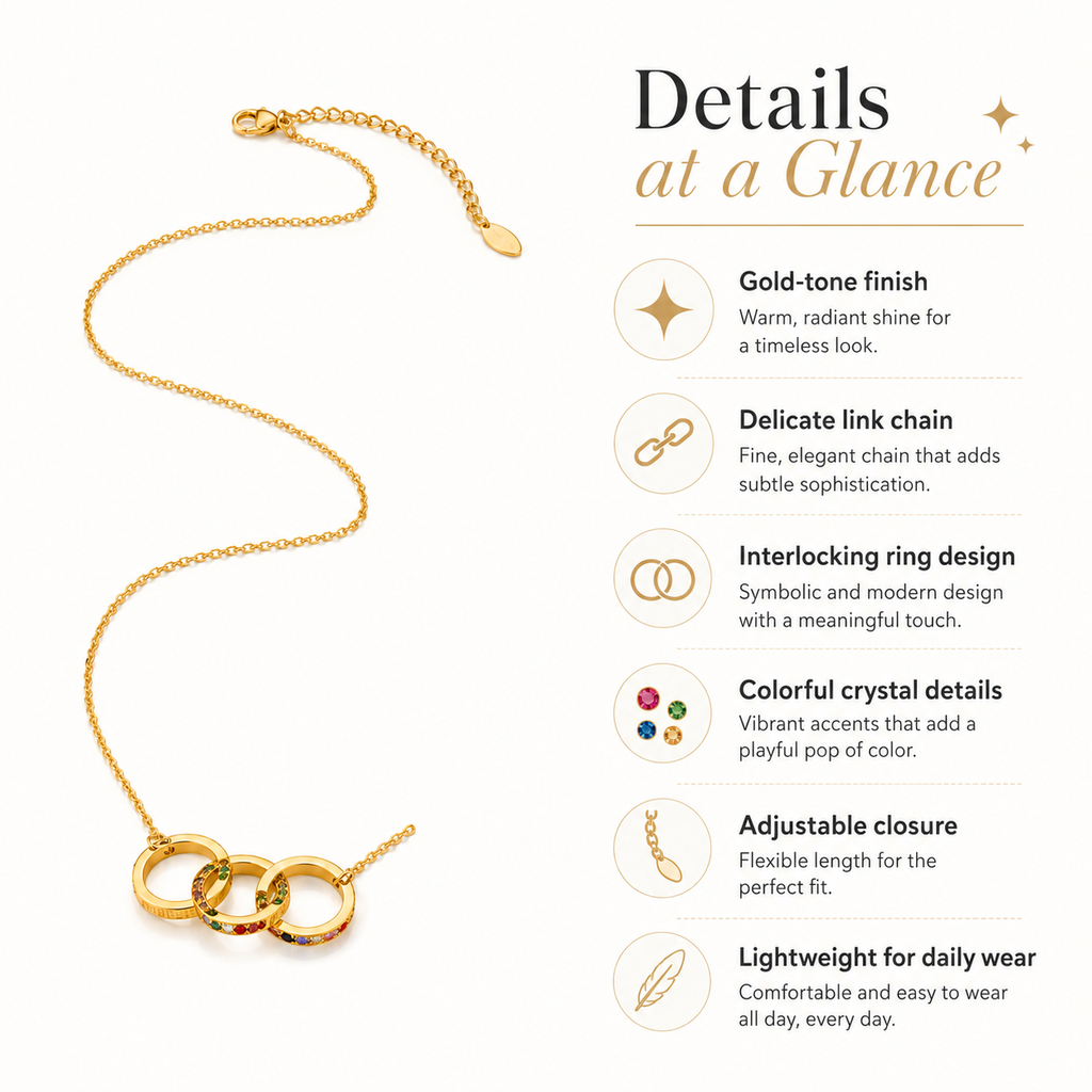 Gold Interlocking Triple Ring Necklace for Women, Three Linked Circles Pendant Necklace with Colorful Crystals, Dainty Adjustable Chain Jewelry Gift for Her