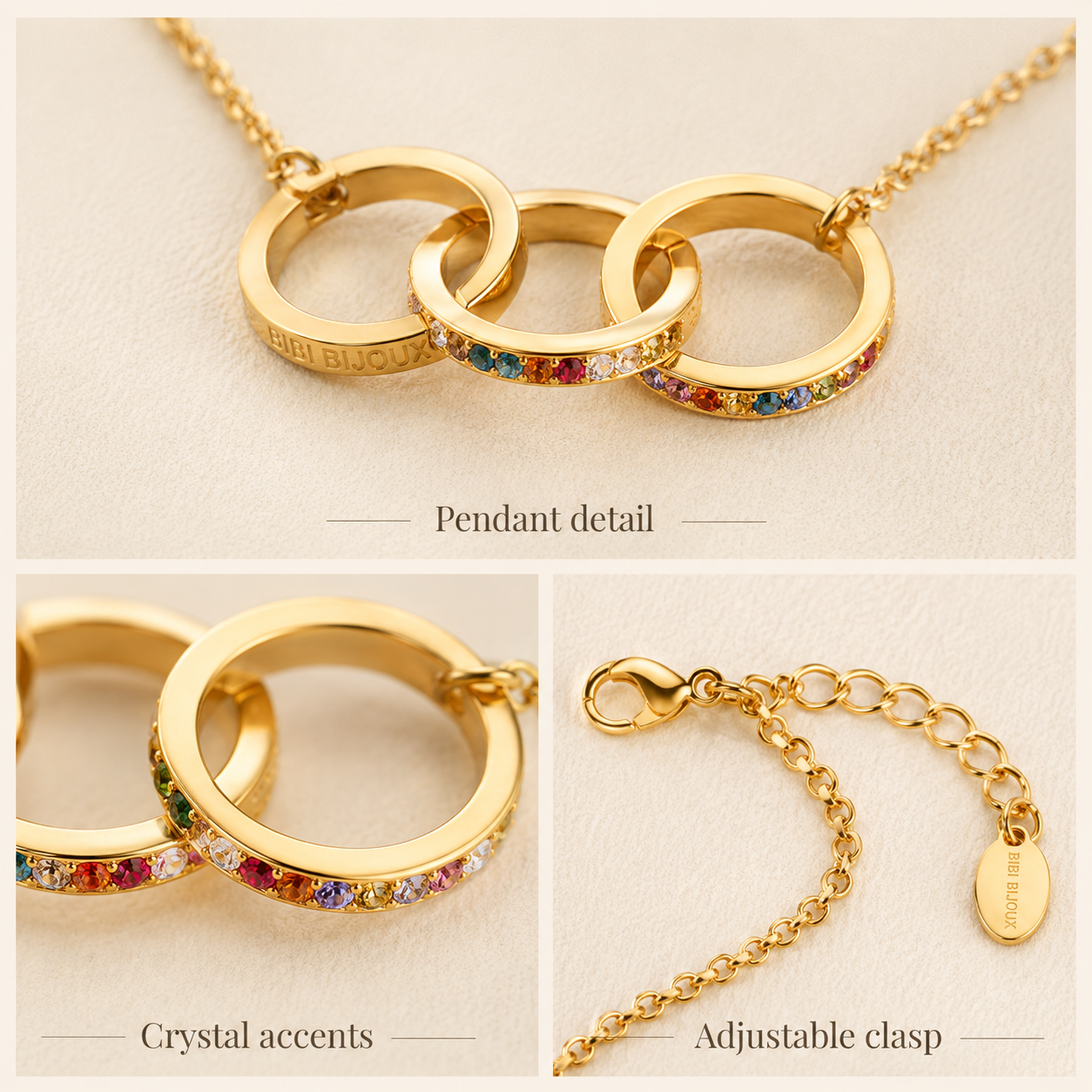 Gold Interlocking Triple Ring Necklace for Women, Three Linked Circles Pendant Necklace with Colorful Crystals, Dainty Adjustable Chain Jewelry Gift for Her