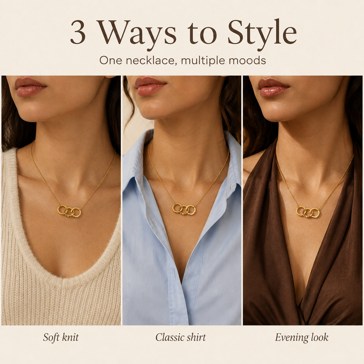Gold Interlocking Triple Ring Necklace for Women, Three Linked Circles Pendant Necklace with Colorful Crystals, Dainty Adjustable Chain Jewelry Gift for Her